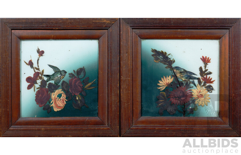 Pair of Early 20th Century Framed Bird Paintings on Glass