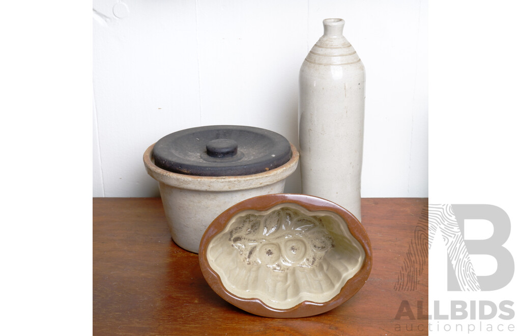 Antique Ceramic Jelly Mould, Antique Stoneware Bottle and Another