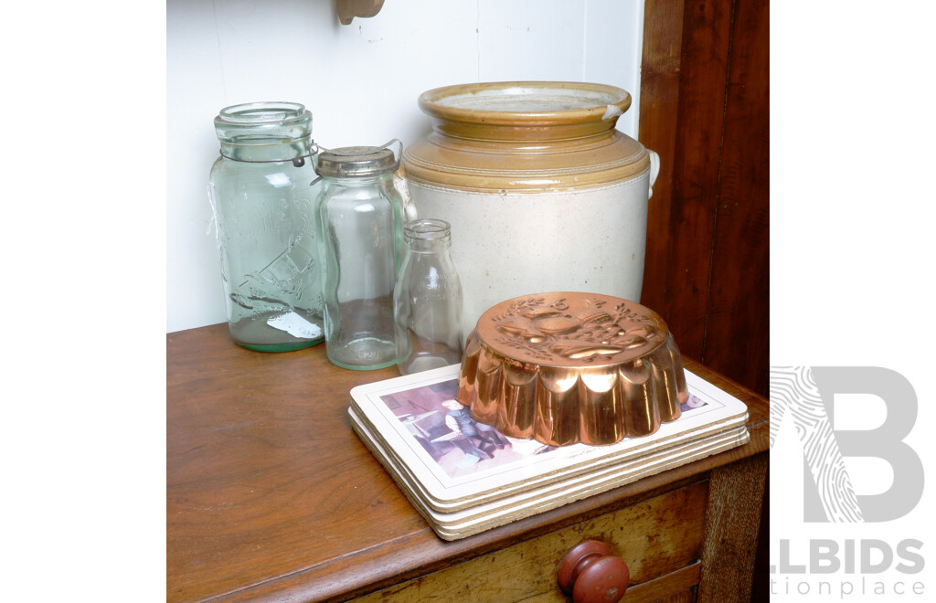 Glazed Stoneware Bread Crock, Vintage Glass Jars, Copper Coloured Metal Cake Mould and More