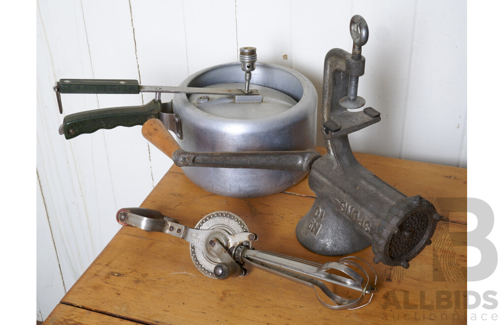 Collection of Vintage Kitchen Utensils, Including Bench Top Meat Grinder, Swift Whip and More