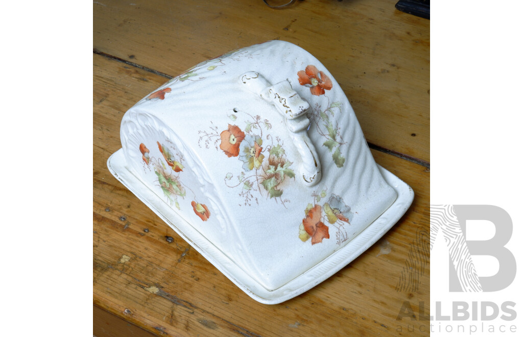 Antique Hand Painted Ceramic Butter Dish and Dome