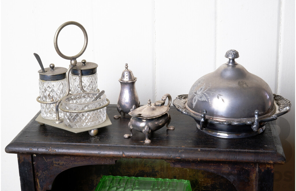 Antique Silver Plated and Glass Cruets, English Silver Plated Butter Dish and Cover and More