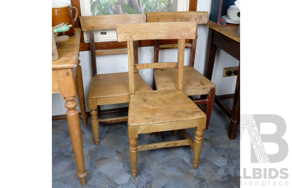 Three Antique Rustic Farm House Dining Chairs