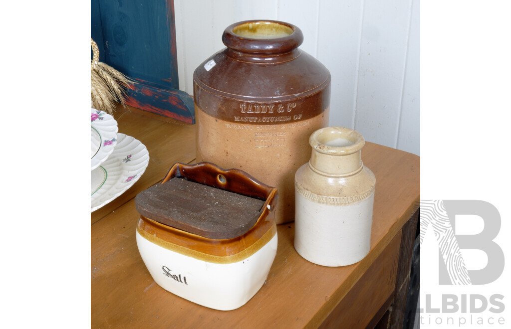 Two Antique Stoneware Jars with Vintage Glazed Stoneware Salt Container