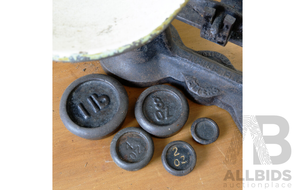 Antique Australian Metters Scaled with Enamelled Bucket and Weights