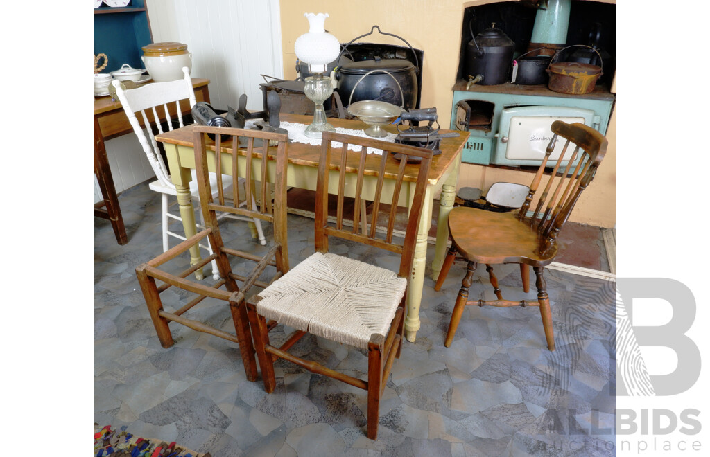 Antique Rustic Farmhouse Kitchen Table with Four Various Antique and Vintage Chairs