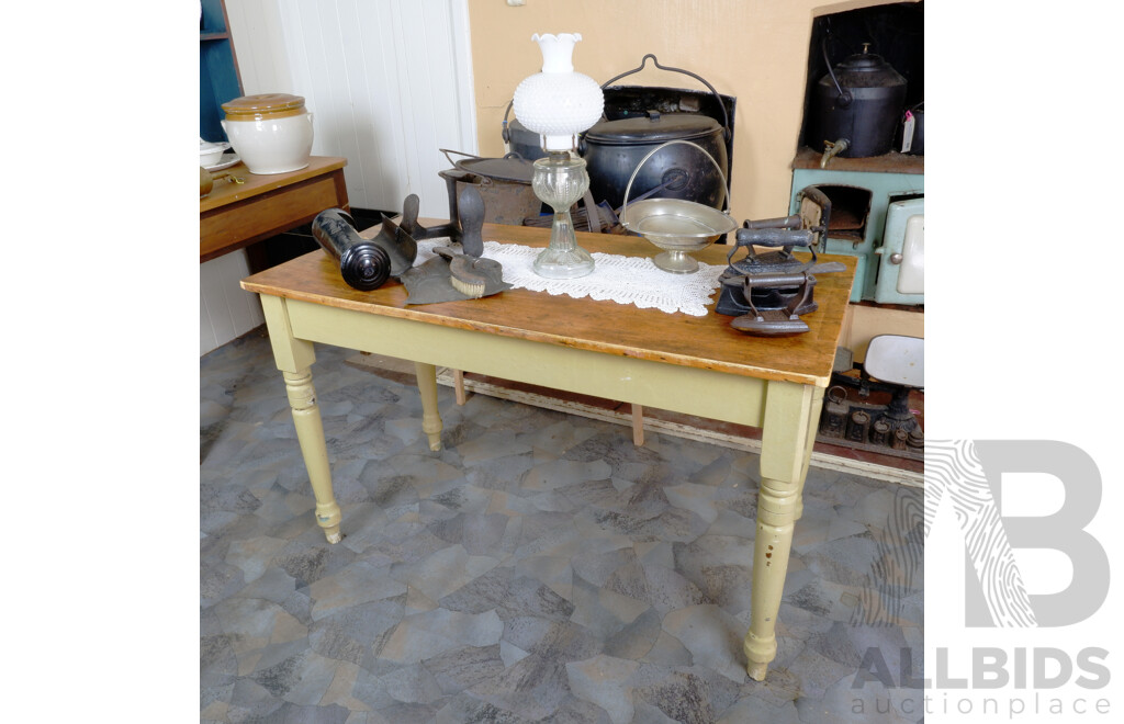 Antique Rustic Farmhouse Kitchen Table with Four Various Antique and Vintage Chairs