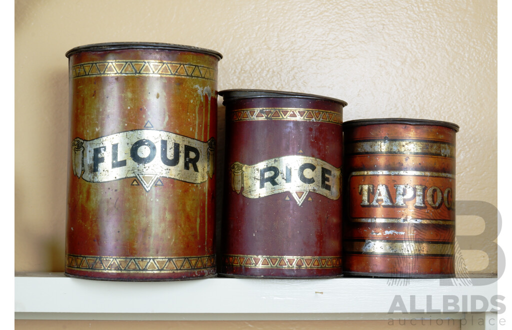 Three Vintage Rustic Painted Tin Containers, Flour, Rice and Tapioca 
