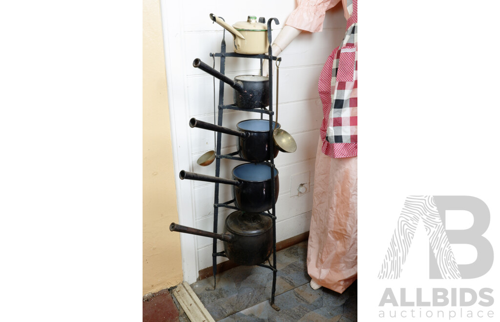 Nice Antique Wrought Metal Graduating Pot Stand with Nice Collection of Enamelled Metal and Cast Iron Pots