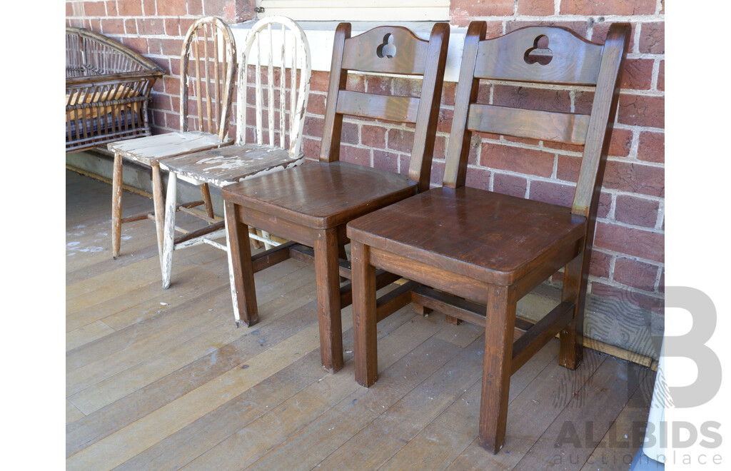 Pair of Vintage Stained Pine Chairs with Pair of Vintage Rustic White Painted Chairs