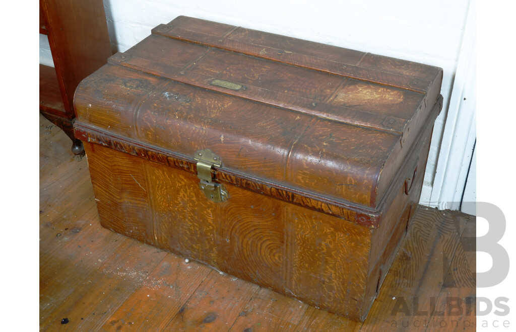 Antique Australian Union Metal and Timber Bound Steamer Trunk