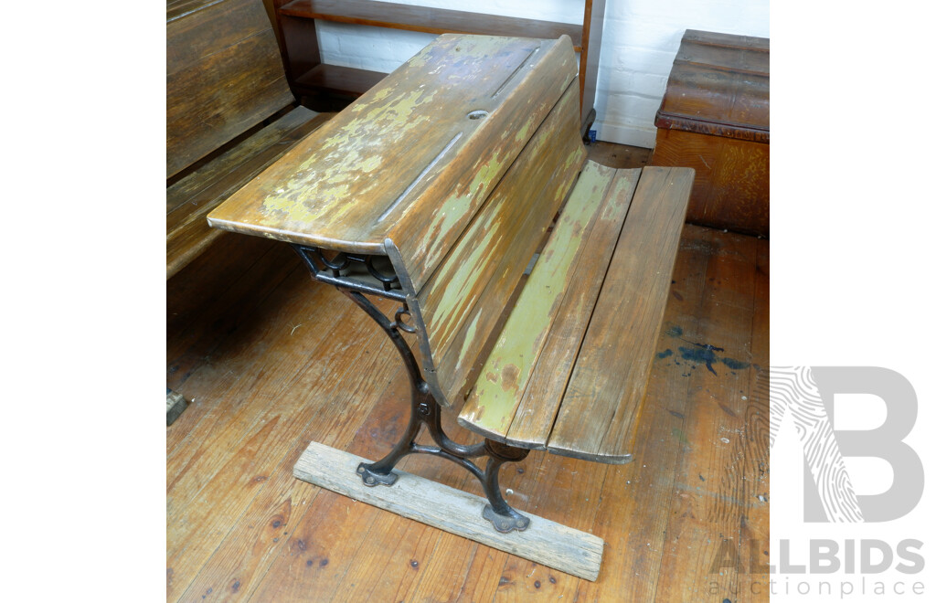 Antique Students Desk with Cast Metal Base and Folding Seat