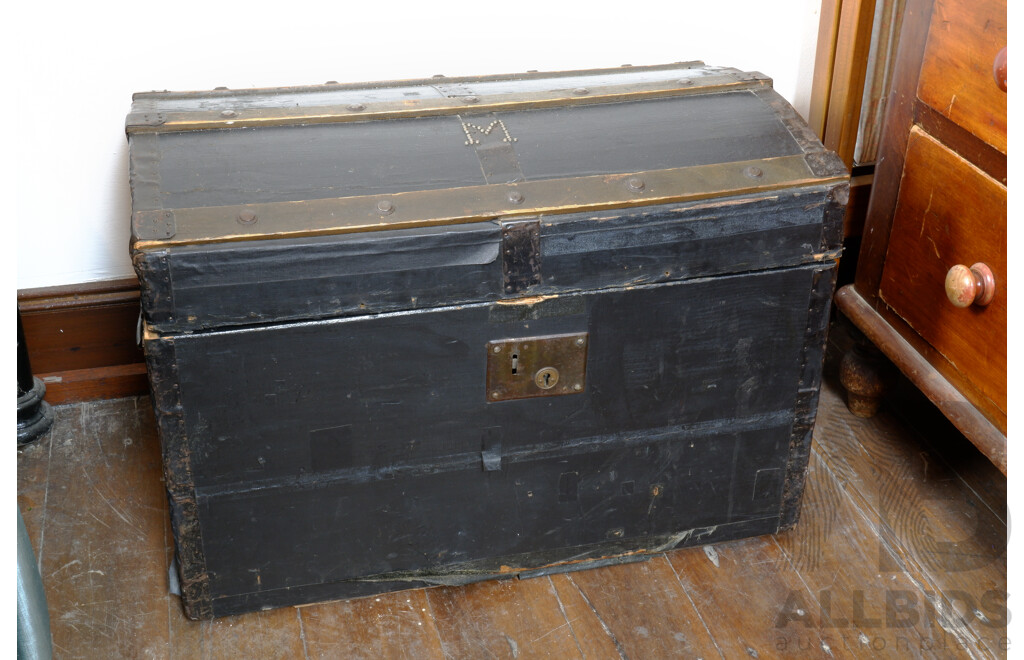 Nice Antique Timber and Metal Bound Steamer Trunk with Domed Top