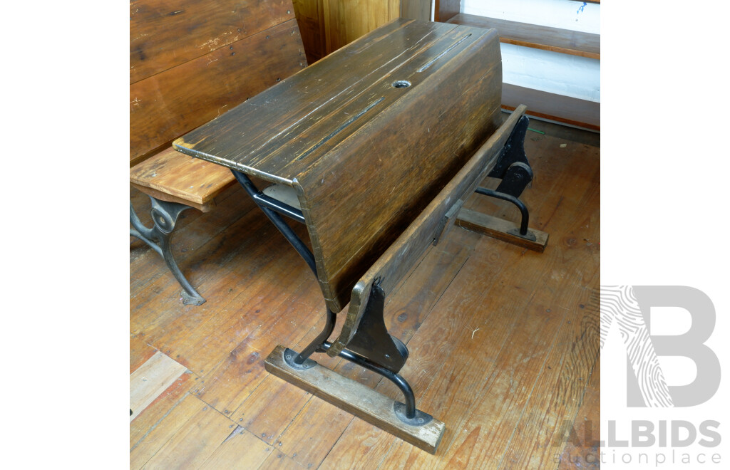 Antique Students Desk with Cast Metal Base and Folding Seat