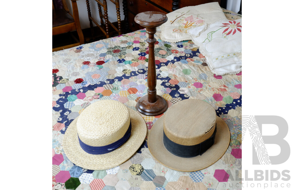 Early 20th Century Bon Ton Ivy Boater with Oat Hat Stand, and Another Vintage Boater