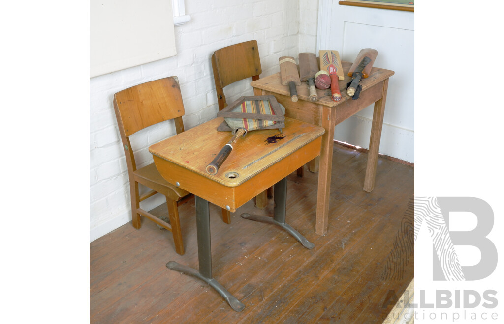 Two Vintage Childrens Desks and Chairs with Selection of Sporting Equipment