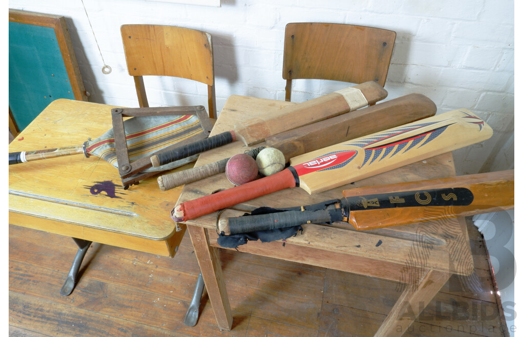 Two Vintage Childrens Desks and Chairs with Selection of Sporting Equipment