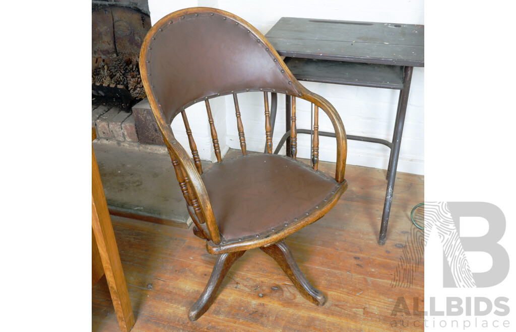 Antique Oak and Tan Faux Leather Captains Chair