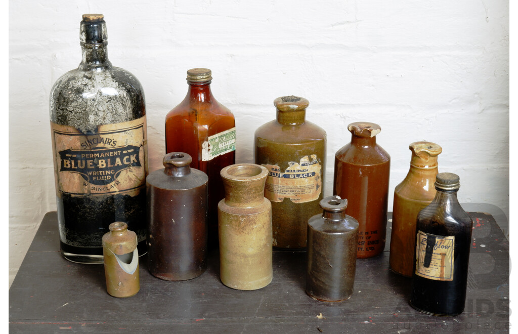 Collection of Antique Stoneware and Glass Ink Bottles