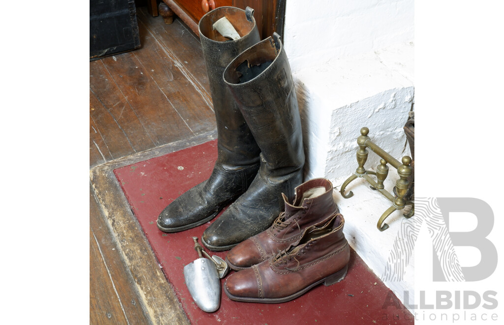 Pair of Antique Leather Riding Boots with Pair of Vintage Tan Leather Boots with Stretchers