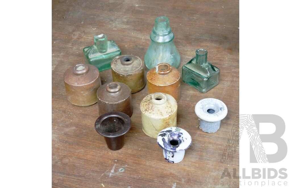 Collection of Antique and Vintage Stoneware and Glass Inkwells