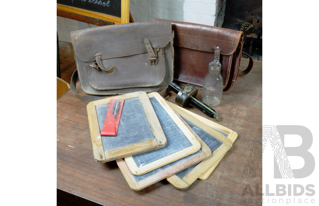 Two Vintage Leather School Bags, Selection of Small Chalk Boards and More 
