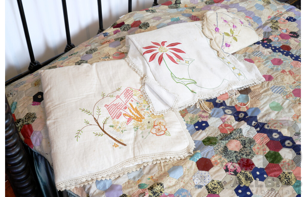 Antique English Hand Stitched Quilt Cover, Ex Peppergreen Antiques and Three Small unique Hand Embroidered Pillows