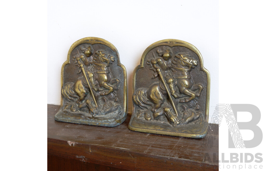 Pair of Vintage Cast Brass Bookends Depicting St George Slaying The Dragon