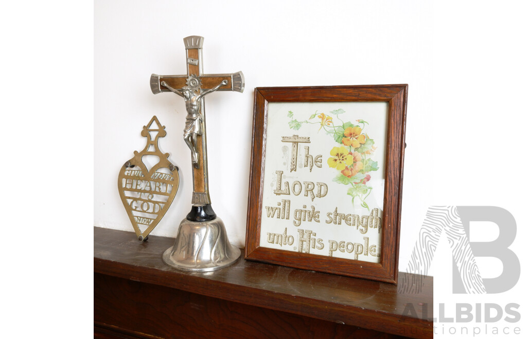 Collection of Religious Ornaments, Including Trivet, Oak Framed Print and Cross