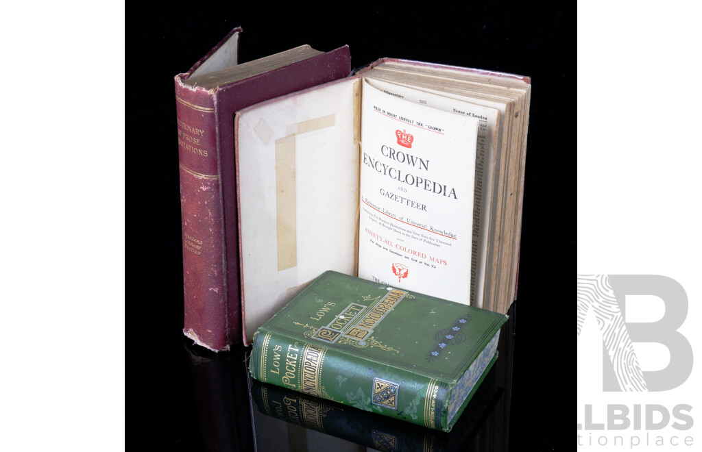Three Vintage Reference Books incl. Low's Pocket Encyclopaedia & a Dictionary of Prose Quotations