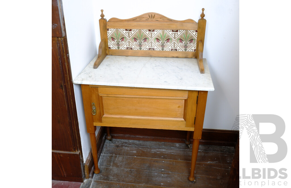 Federation Marble Top Washstand with Tiled Back Splash Decorated with Wheat Motif