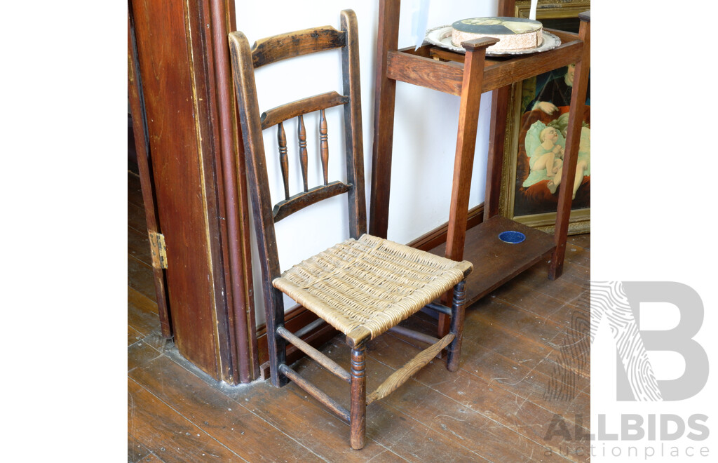 Antique Oak and Rush Upholstered Low Chair