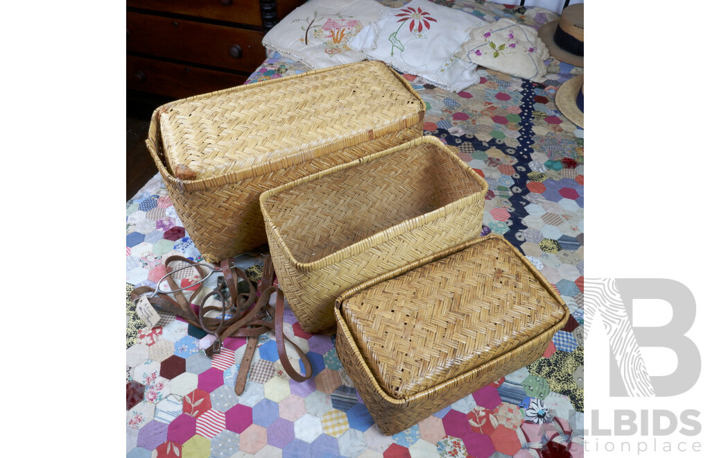 Set of Three Victorian Woven Natural Fibre Baskets with Leather and Metal Handle