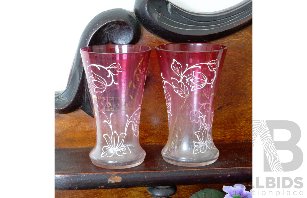 Pair of Antique Ruby Glass and Enamel Vases