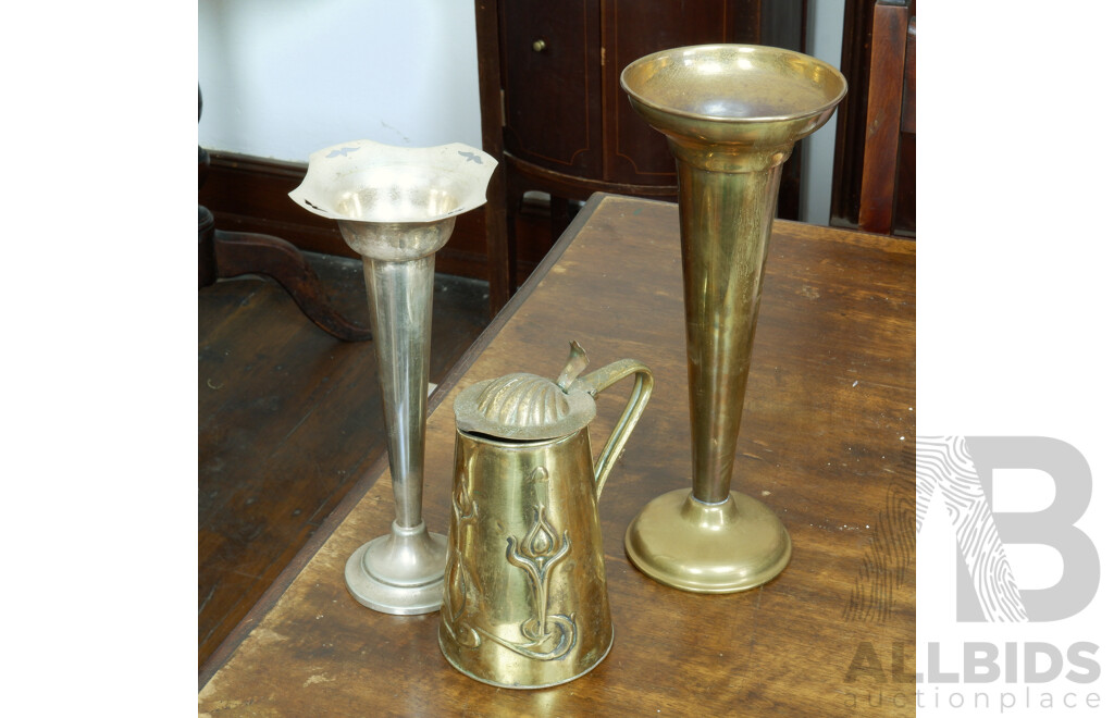 Antique Joseph Sankey and Sons Art Nouveau Brass Jug with a Vintage Brass Trumpet Vase and Another Trumpet Vase