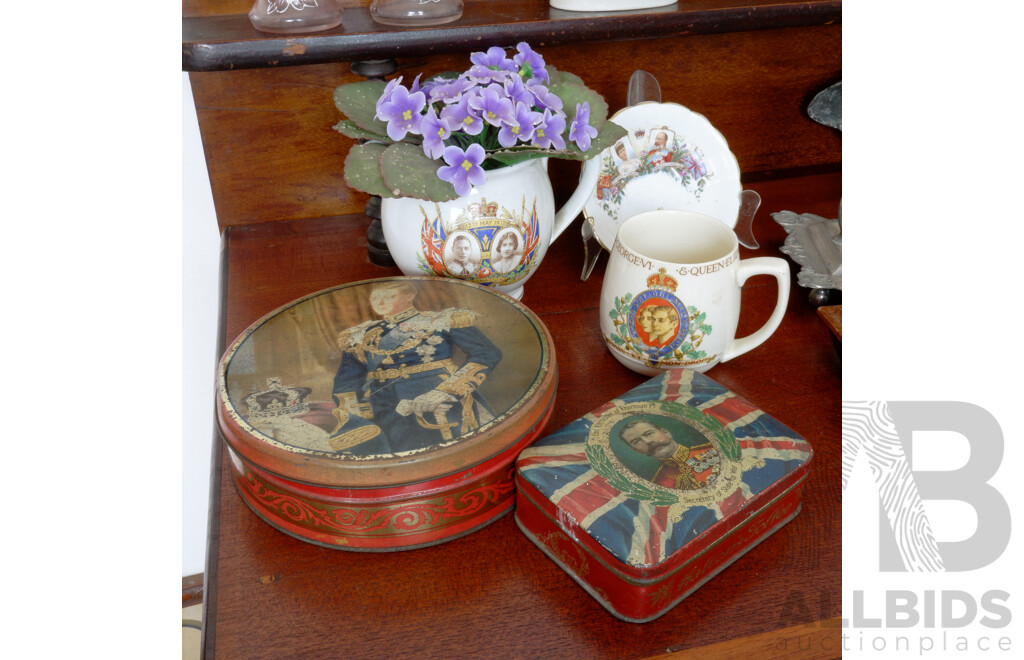 Collection of Royal Collectibles, Including English Creamer Jug, Myott Mug, Haltons Coffee Tin and More 