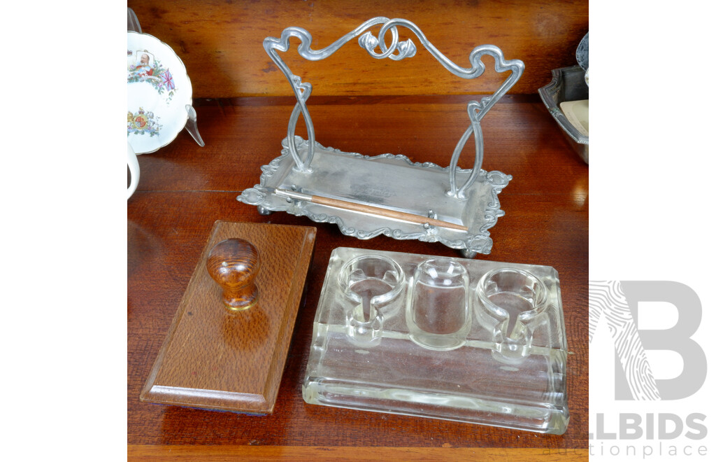 Antique Philip Ashberry & Son Art Nouveau Standish, Oak Press, and Moulded Glass Standish