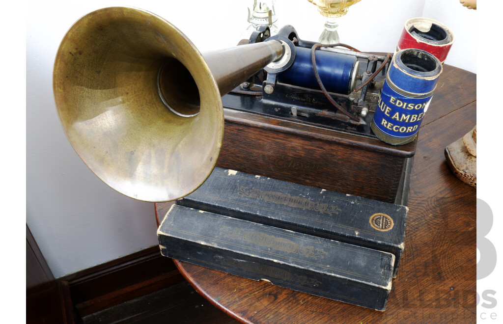 Antique Edison Standard Phonograph in Original Oak Case, Complete with Horn, Three Edison Rolls and Two Pianola Rolls 