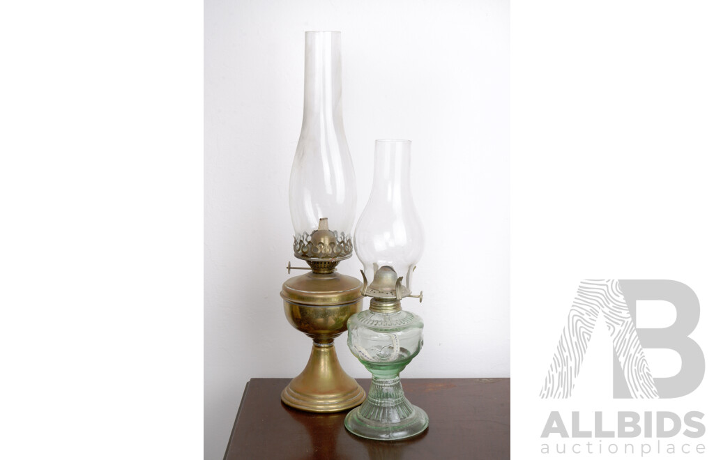 Two Vintage Moulded Glass and Brass Oil Lanterns