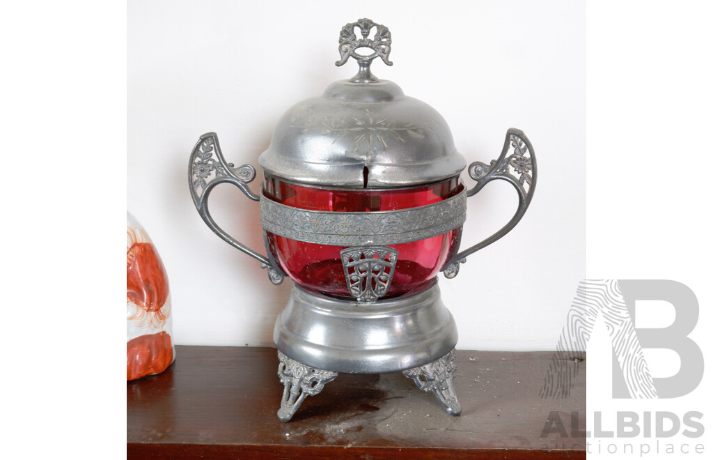 Elaborate Antique Pewter and Ruby Glass Sugar Bowl