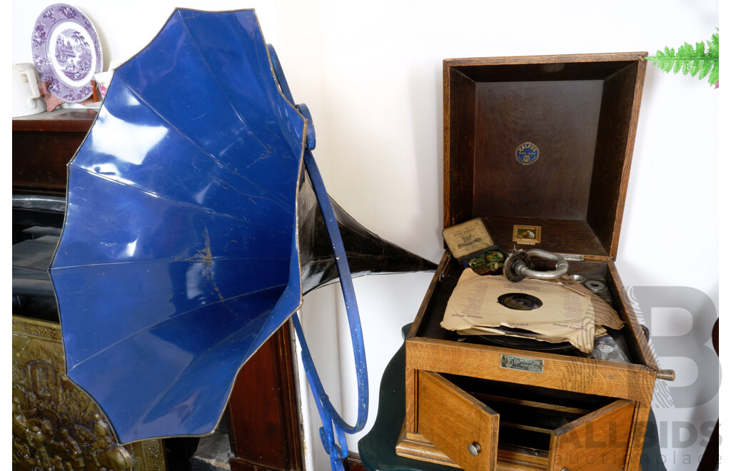 Antique His Masters Voice Oak Gramophone with Horn, Various Records, Needles and Table 