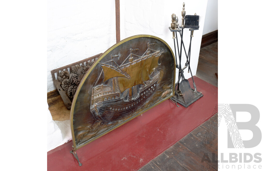 Vintage Pressed Brass Fireplace Screen Depicting a Galleon, with Set of Fireplace Tools