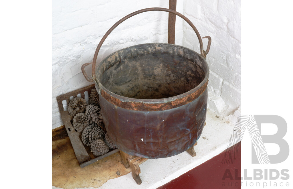 Antique Copper and Brass Boiler with Arm and Small Stool