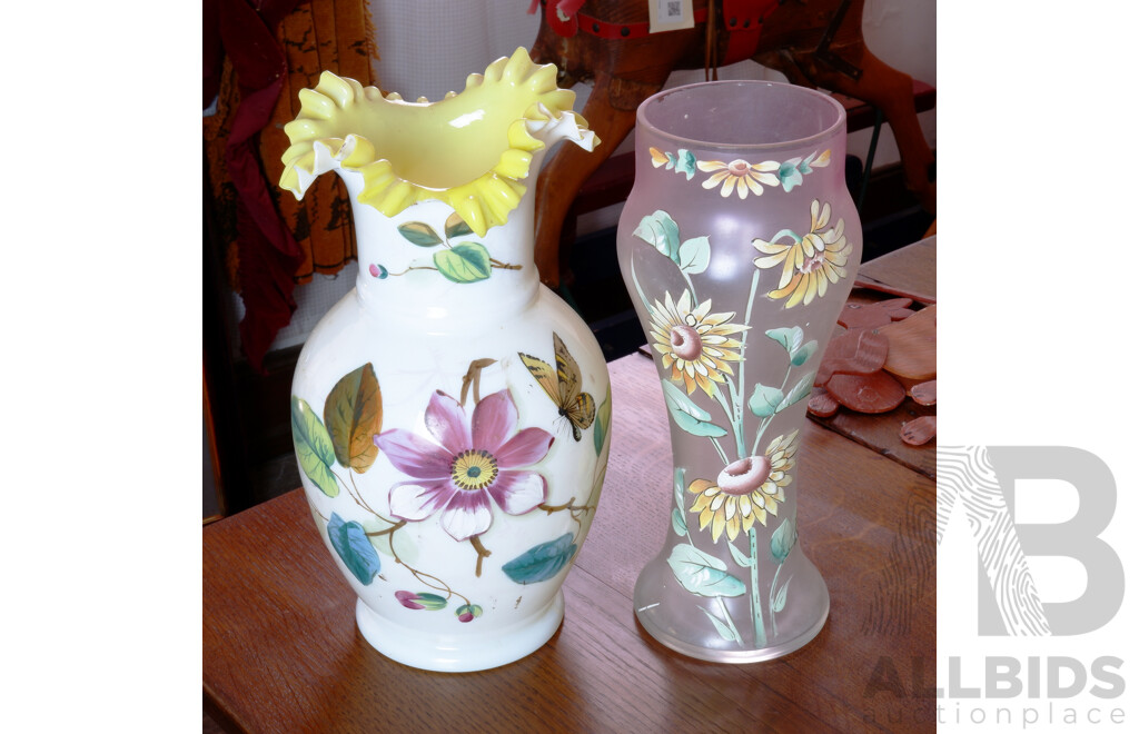 Two Antique Hand Painted Glass Vases