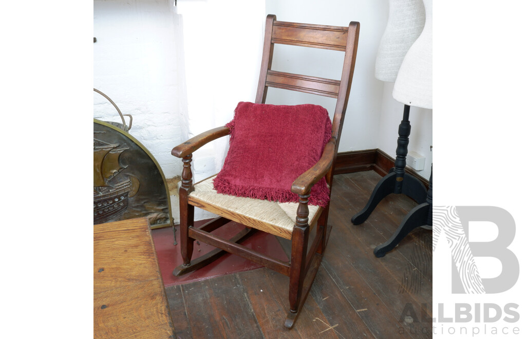 Nice Antique English Oak and Hardwood Rocking Chair with Rush Seat