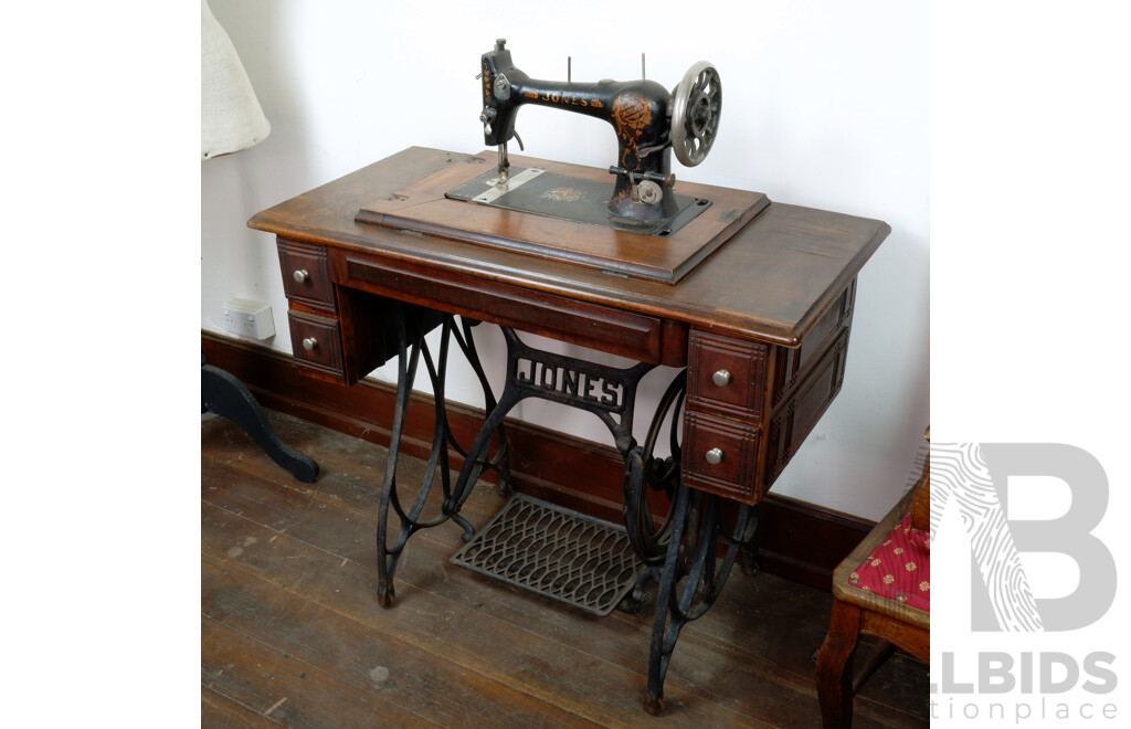 Antique Jones Sewing Machine on Oak Treadle Sewing Table