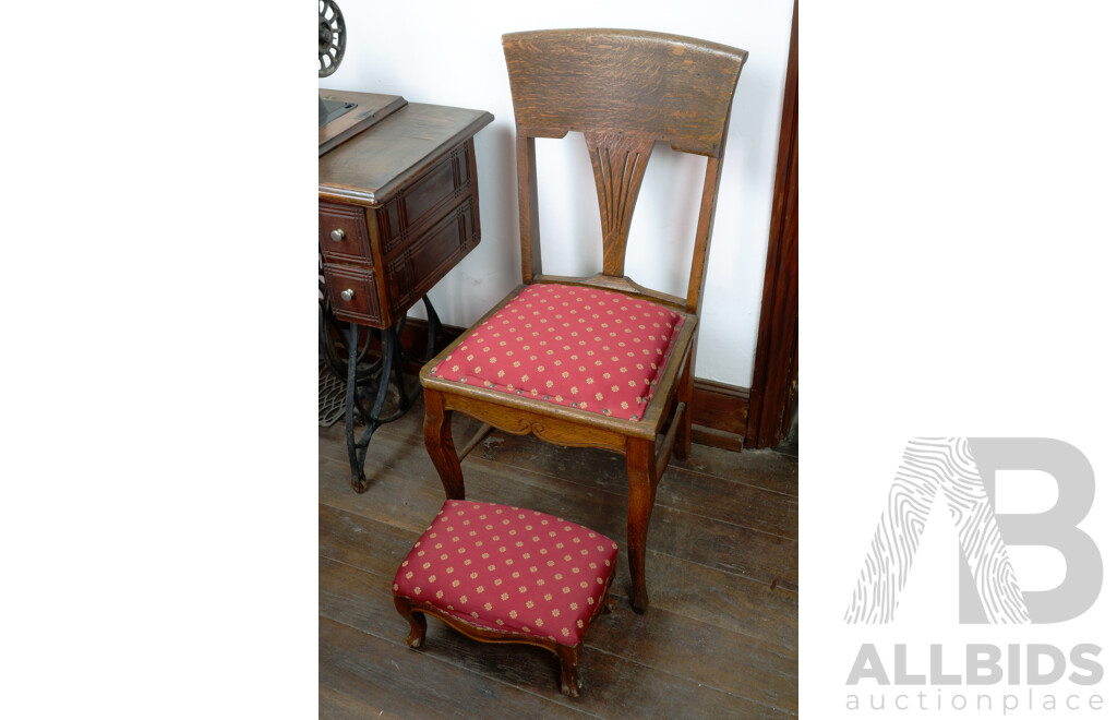 Early 20th Century Art and Crafts Oak Dining Chair and Footstool with Matching Upholstery
