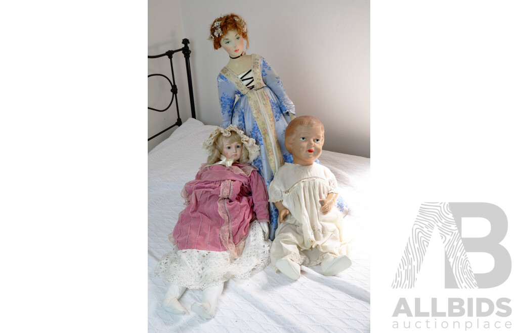 Collection of Three Antique and Vintage Childrens Dolls, Including Celluloid Example