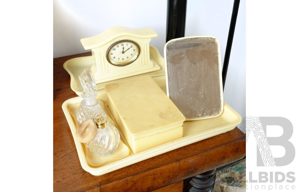 Antique Xylonite Dressing Table Setting, Including Mirror, Clock and More 