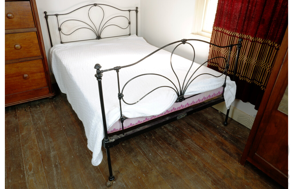 Antique Painted Cast Metal Bed Frame on Castors
